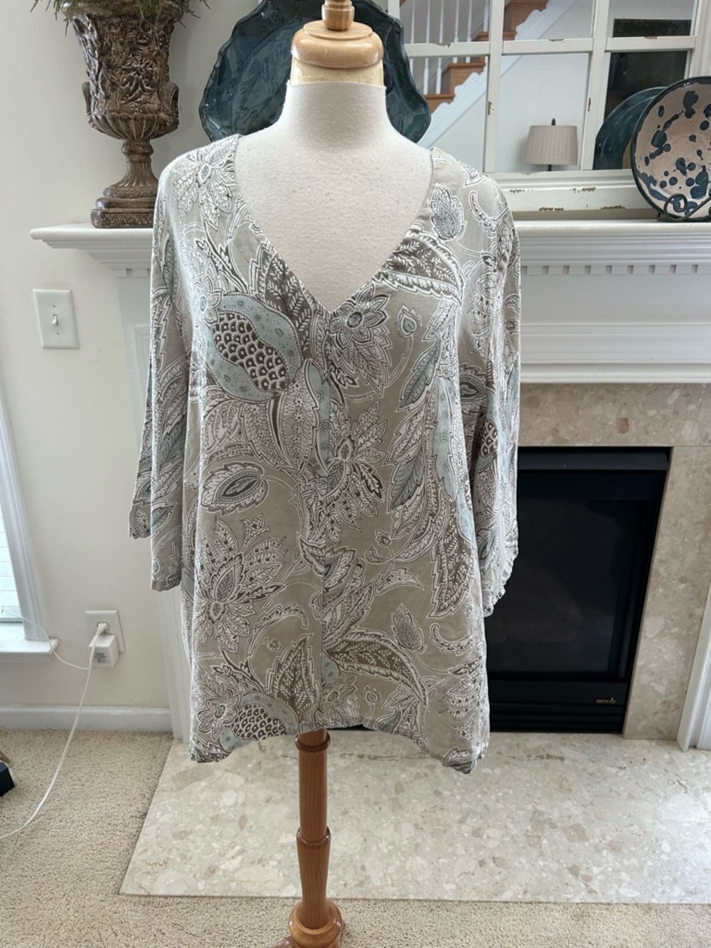 Bryn Walker “Lila” Taupe, Light Brown and Washed Blue Paisley V-Neck Tunic